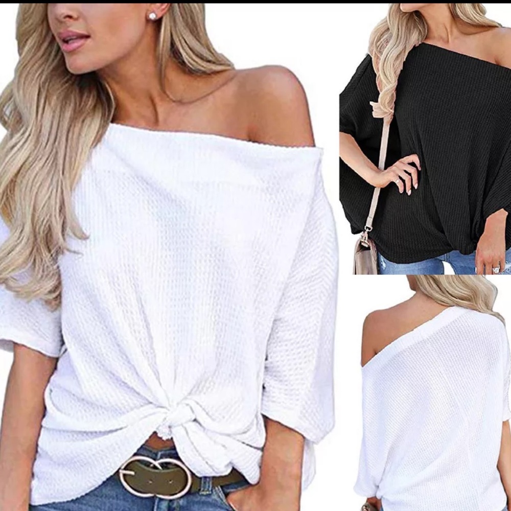 NEW!  Off Shoulder Thermal Waffle Knit Twist Top - Picture 2 of 8
